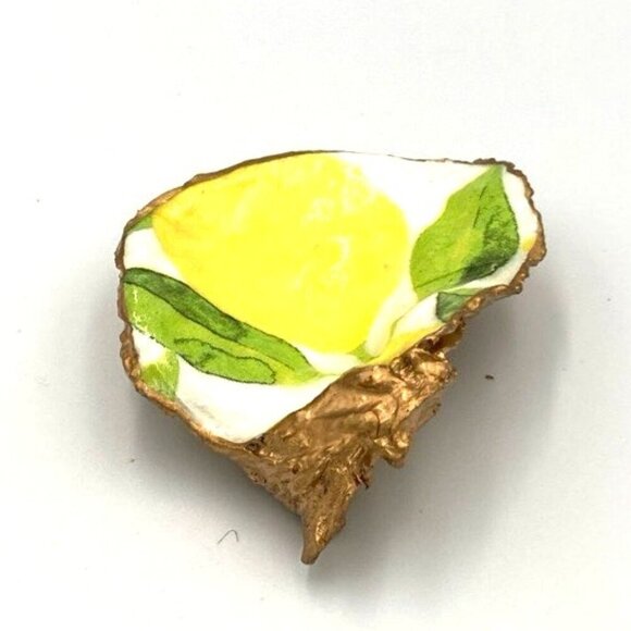 Oyster Shell Trinket Dish Lemon Decoupage 3.5" Summer Coastal Farmhouse Fresh - Picture 3 of 4